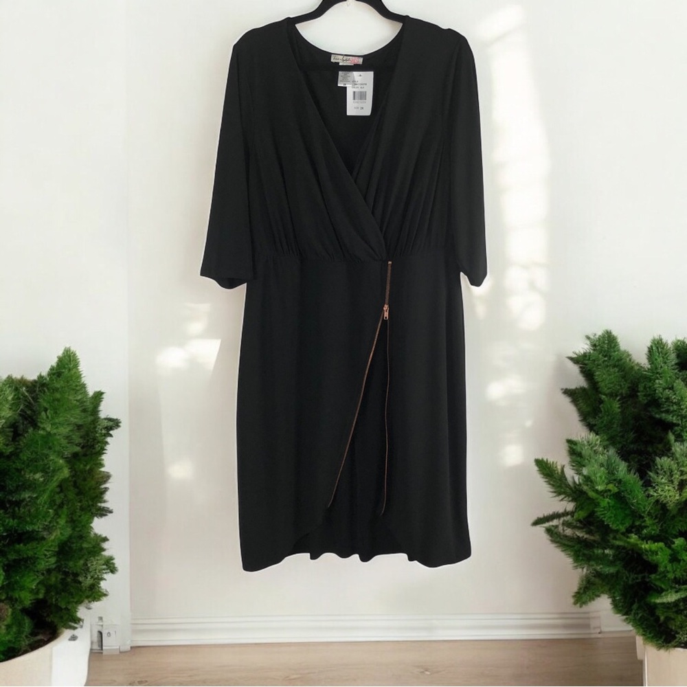 Y2K Love Squared Dress Women 2X Faux Wrap Black Midi Asymmetrical Front Zipper